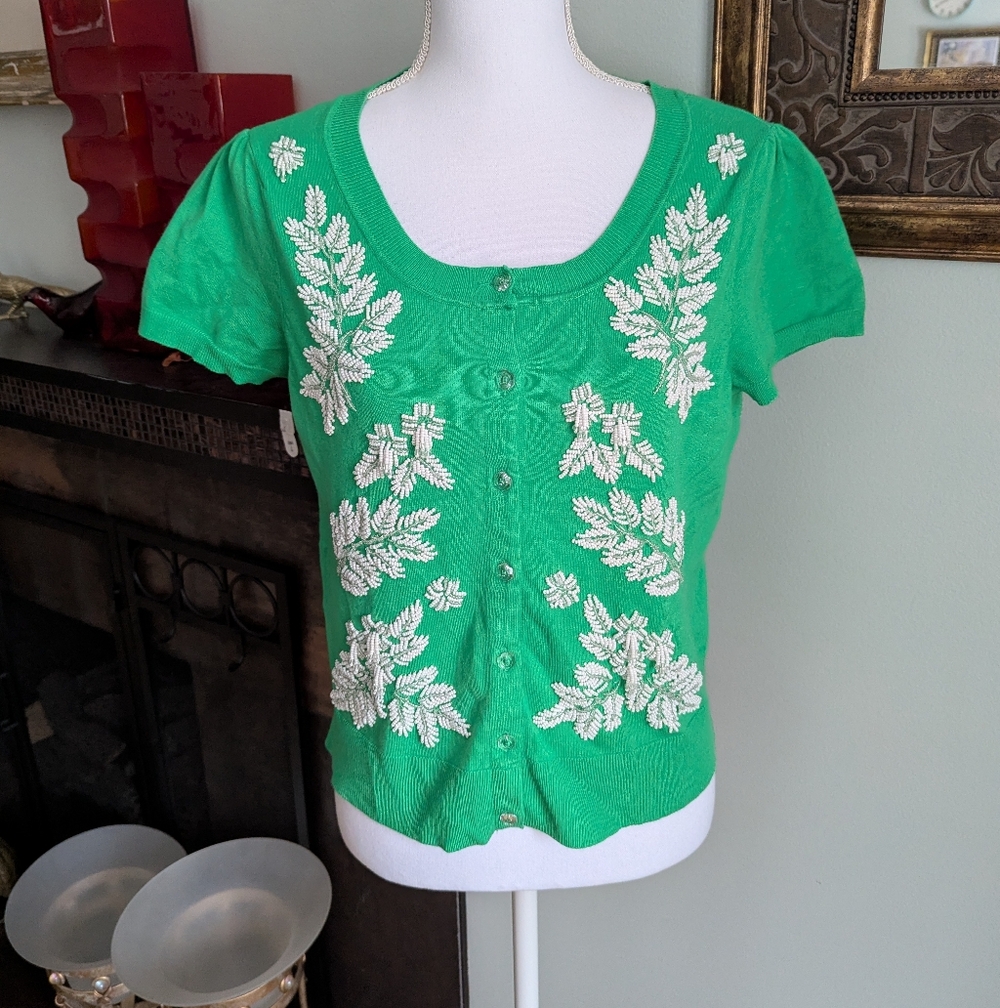 INC Womens M/L Green Short Sleeve White Bead Embellished Cardigan SweaterTop 138